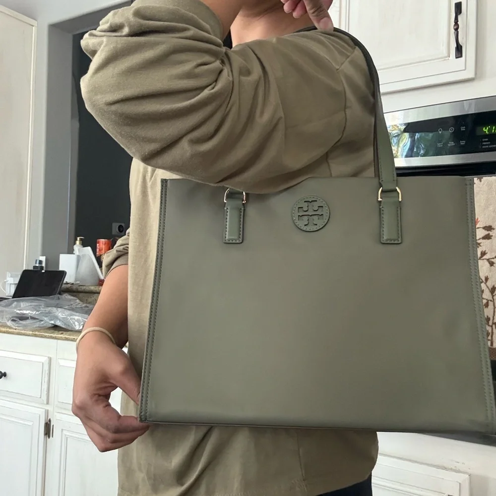 Tory Burch 160633 Ella Small Nylon Tote Handbag Palm Leaf Green